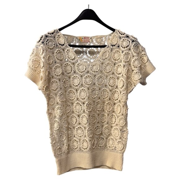 Vintage cream coloured Crotchet Short Sleeve Top, Boho Floral size L handmade - Picture 2 of 4